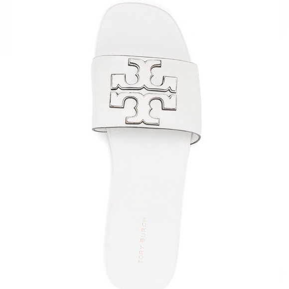 TORY BURCH DOUBLE STACK LOGO INES SLIDE LEATHER SANDAL GARDENIA - Picture 2 of 6